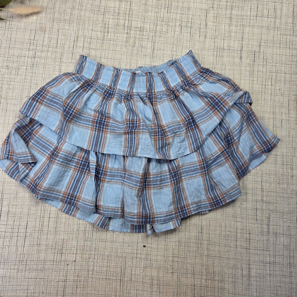 Aerie Plaid Tiered Ruffle Mini Skirt Blue Orange Smocked Waist Size M NEW